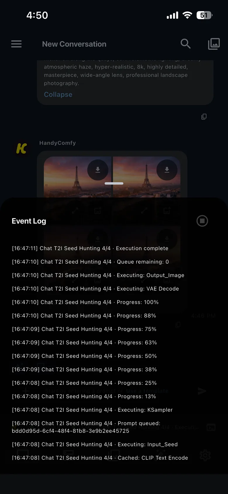 The Chat Event Log showing timestamped queue, workflow node, progress, and completion messages with a cancel control