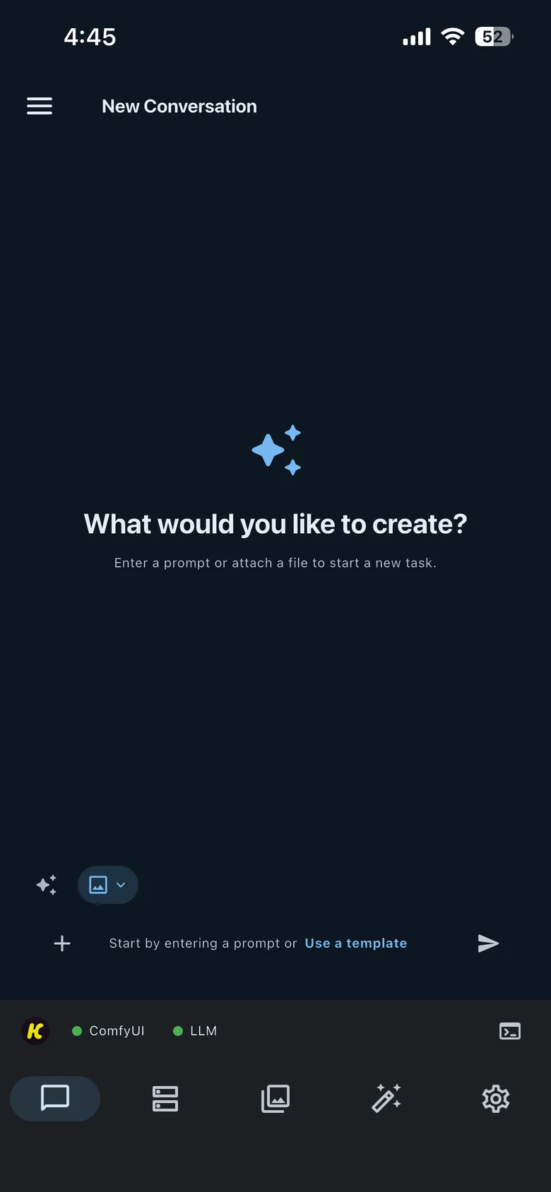 An empty HandyComfy conversation with Image mode, attachment, prompt tool, template, and send controls