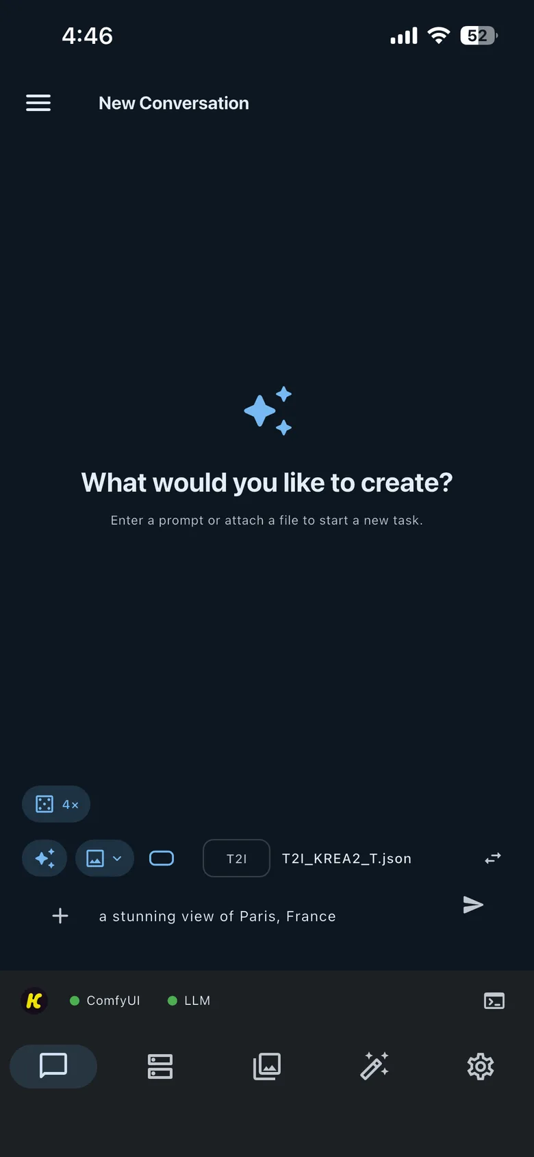 The Chat input showing Seed Hunting, Prompt Enhancement, Image mode, Aspect Ratio, T2I Feature, selected workflow, prompt, and send controls