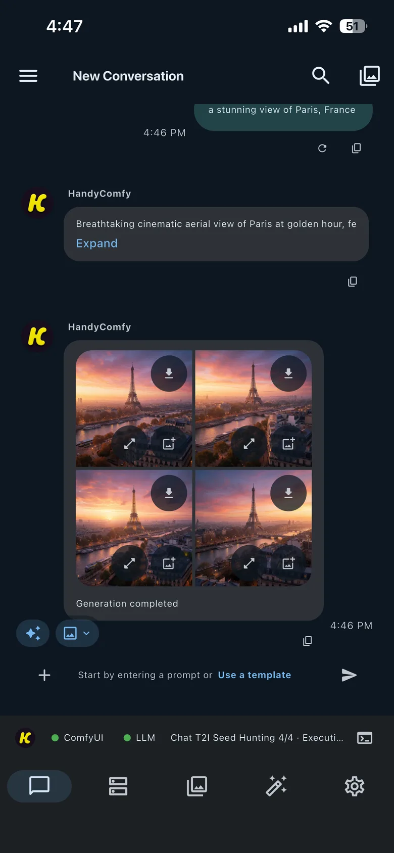 A Chat conversation showing the expanded enhanced prompt above the generated image results