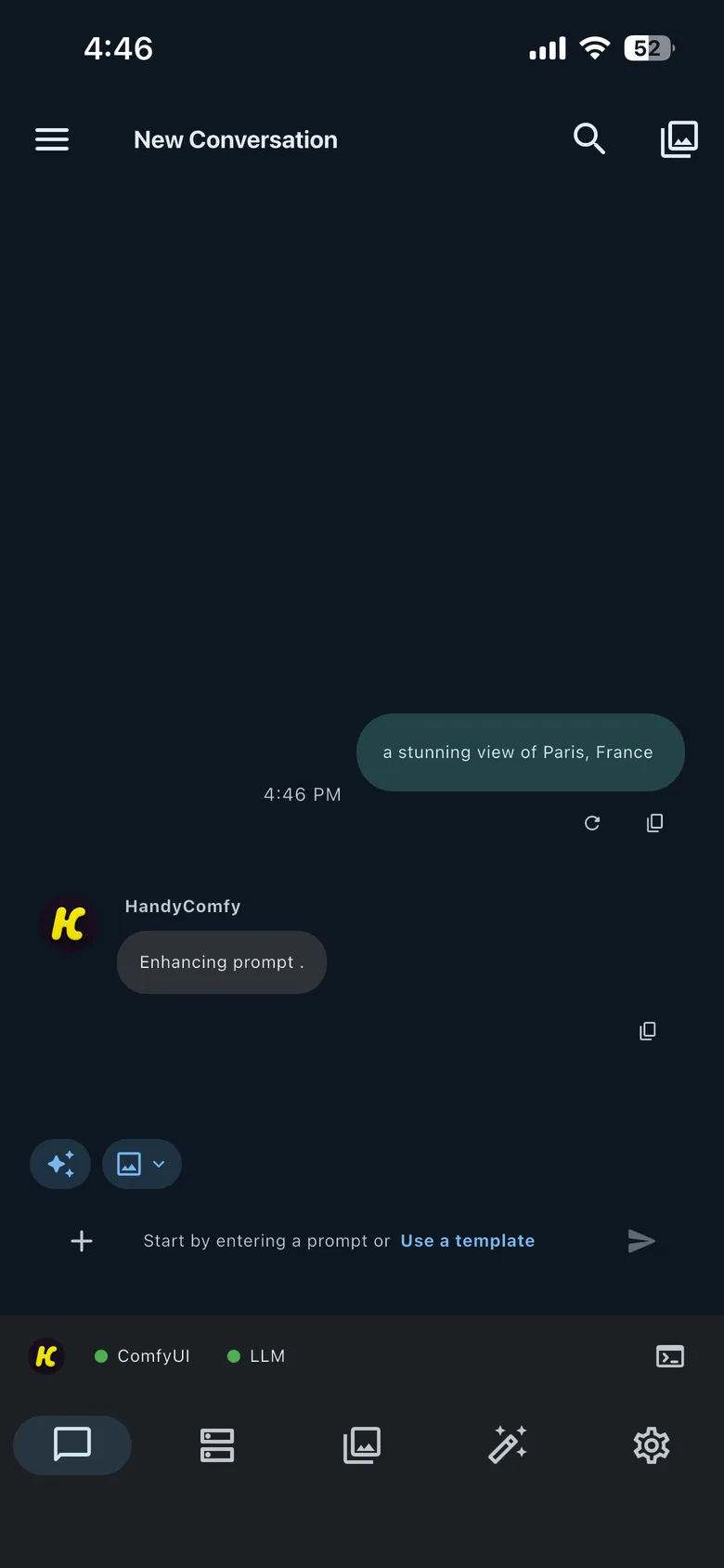 A Chat conversation showing the original user prompt and HandyComfy enhancing it through the connected LLM