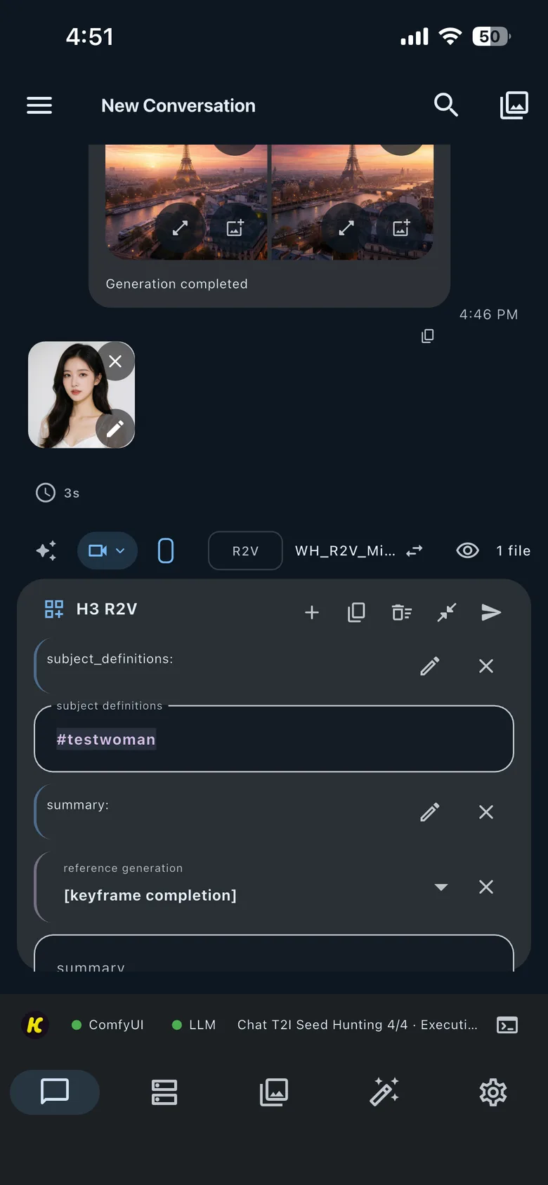 A video request in Chat with an expanded R2V Prompt Template content-block editor