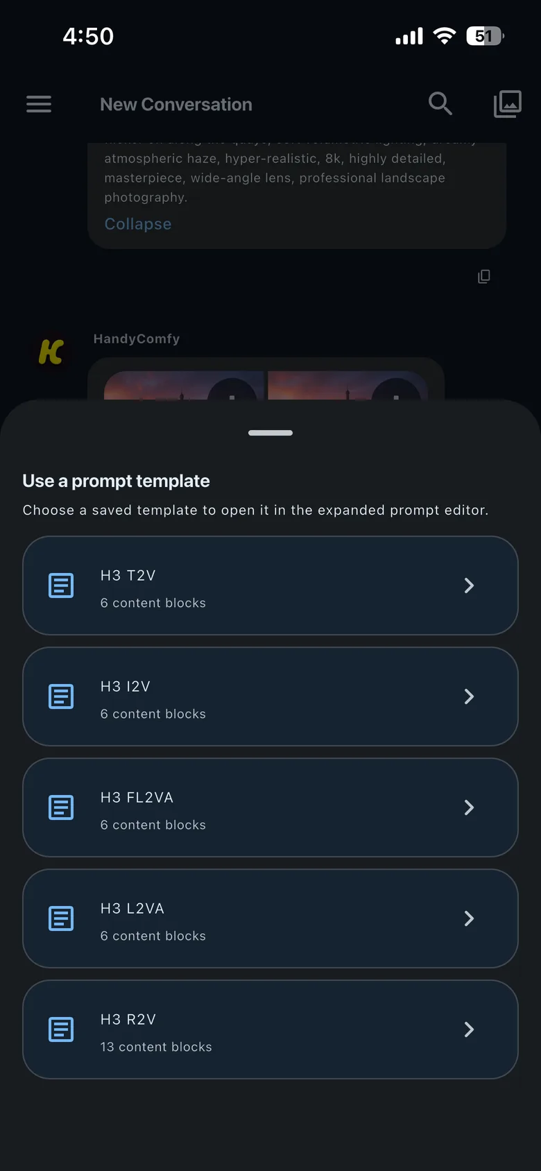 The Use a prompt template sheet listing saved templates and their content-block counts