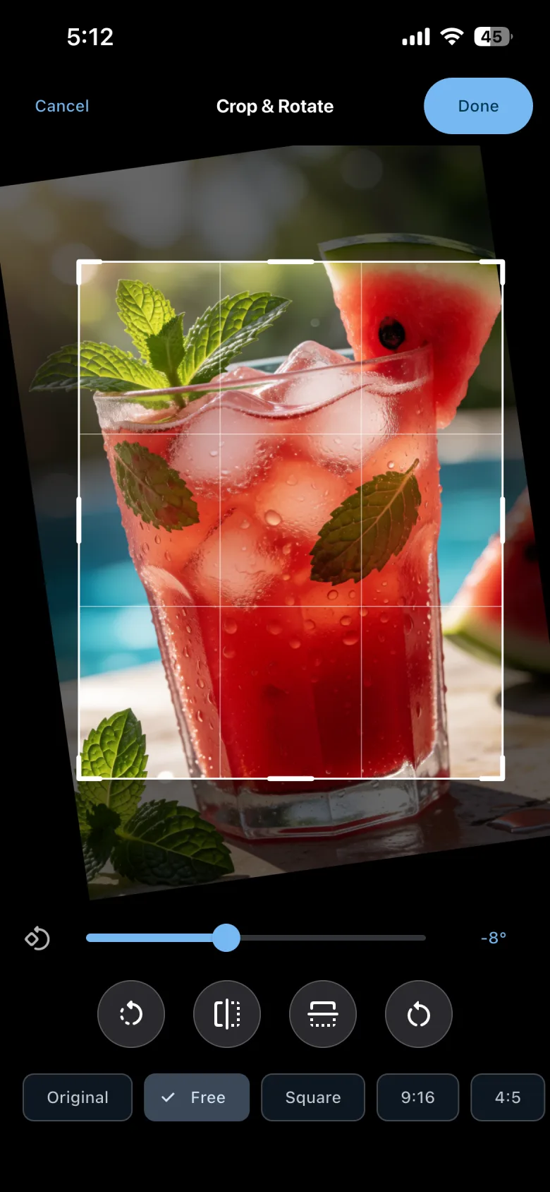 The Crop and Rotate editor with crop bounds, angle adjustment, rotation, flip, reset, and aspect controls