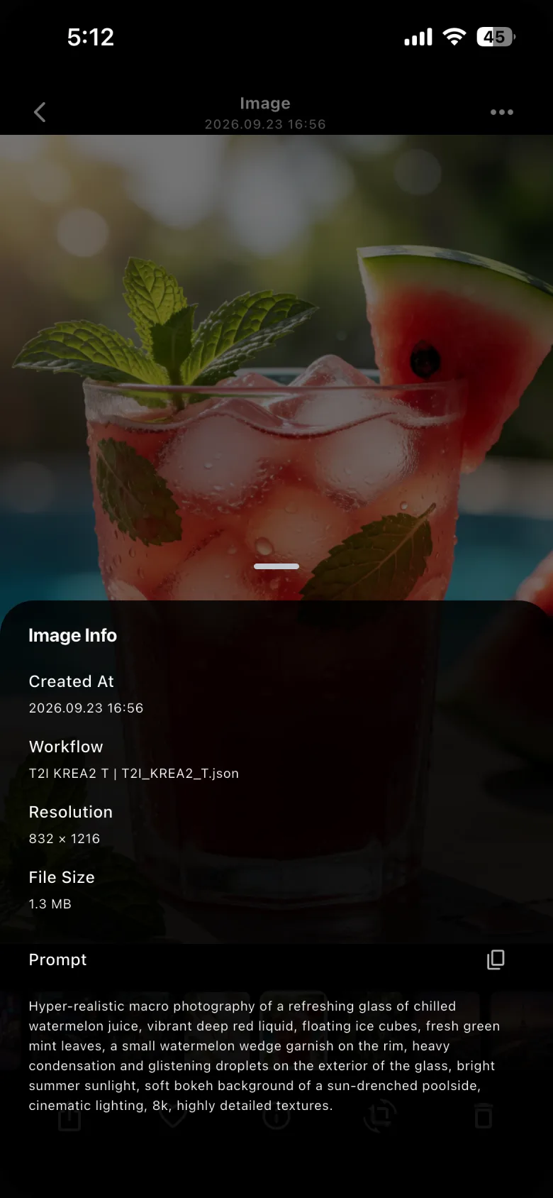 The Image Info sheet showing created time, workflow, resolution, file size, and prompt