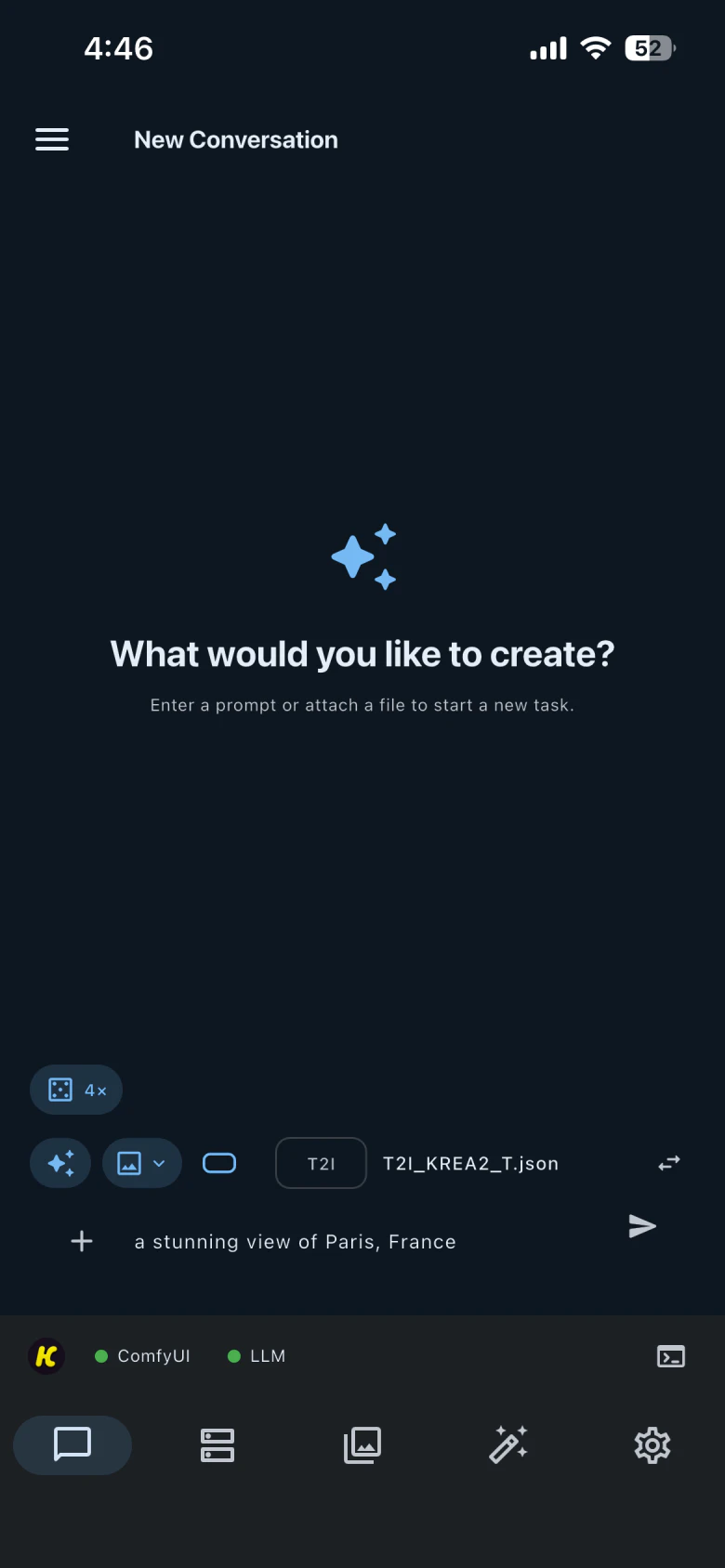 HandyComfy Chat with the T2I workflow selected and a text prompt ready to submit