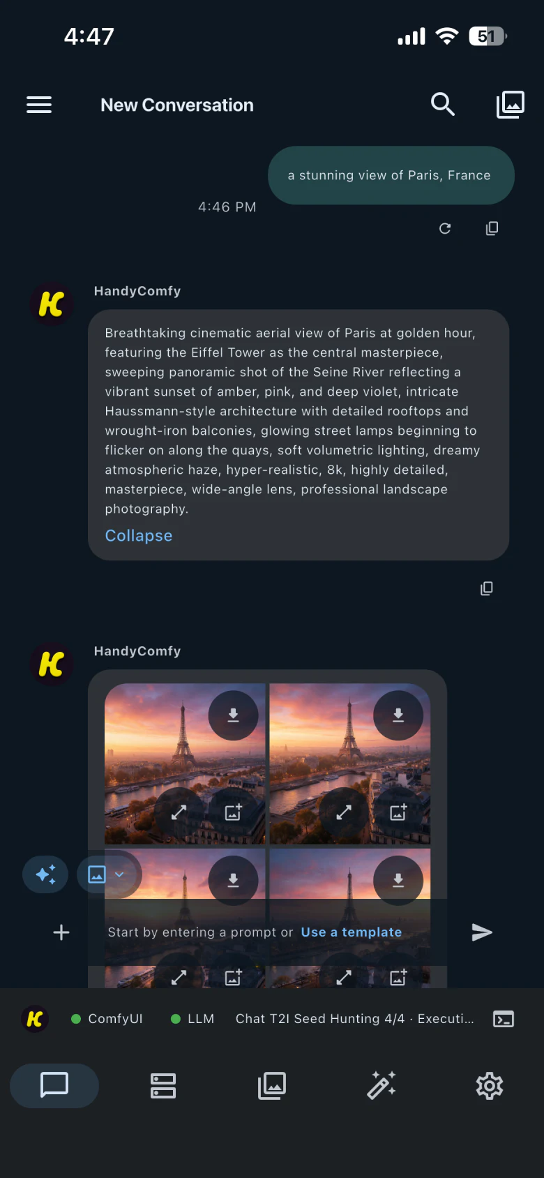 HandyComfy Chat showing generated images returned after a T2I prompt