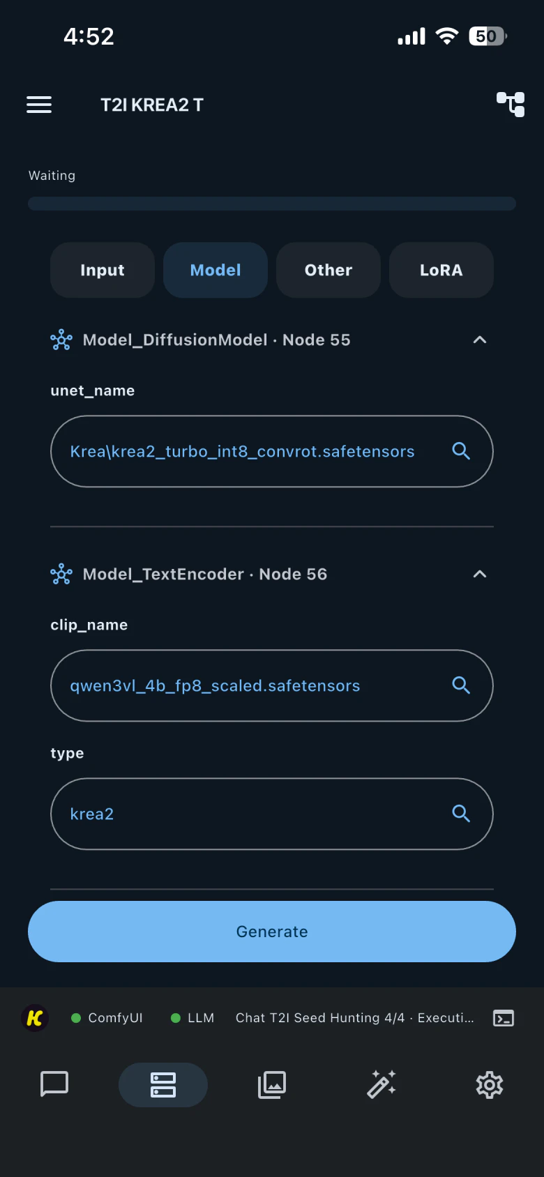 The HandyComfy Model tab showing diffusion-model and text-encoder selections