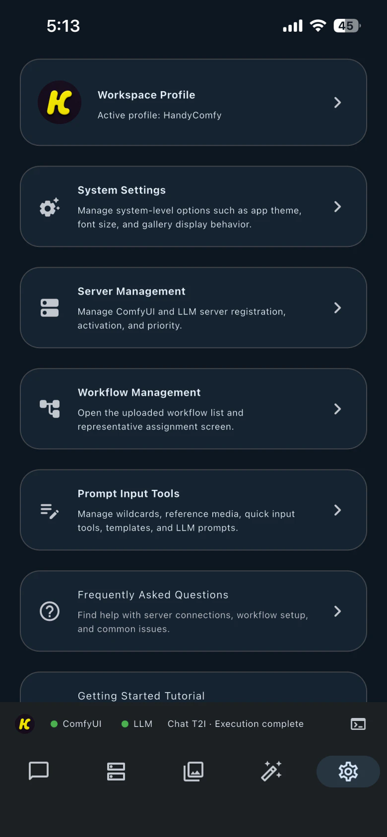 HandyComfy Settings showing Server Management and a green ComfyUI status indicator at the bottom