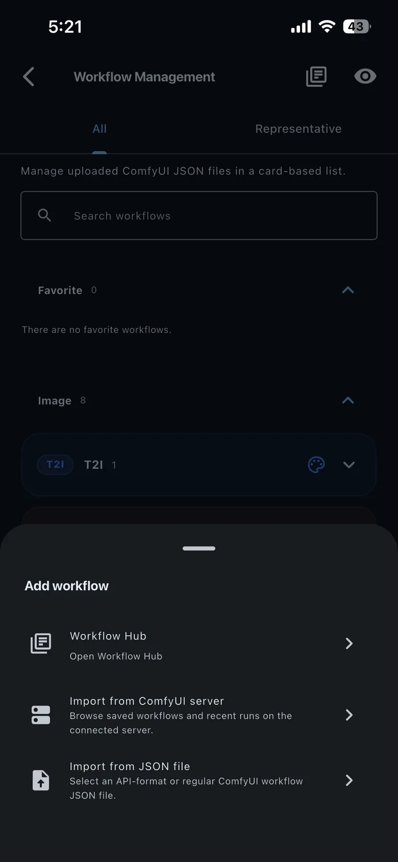 The HandyComfy Add workflow panel listing Workflow Hub, Import from ComfyUI server, and Import from JSON file