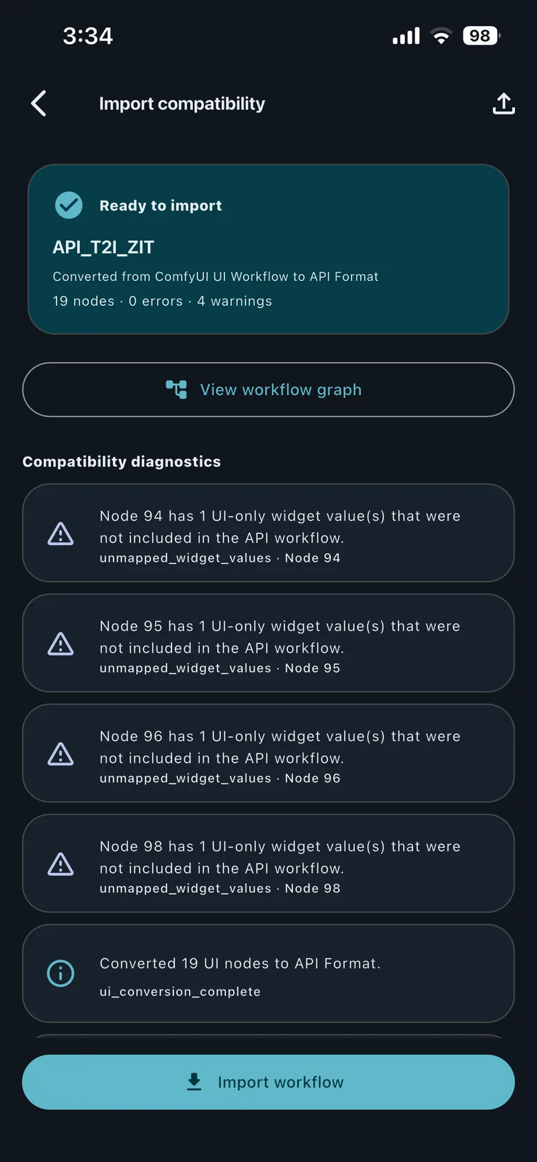 A HandyComfy import compatibility screen showing a ready status, node count, warnings, diagnostics, and Import workflow button