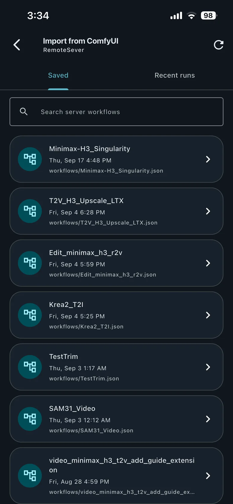 The Import from ComfyUI screen showing Saved and Recent runs tabs and a list of server workflows