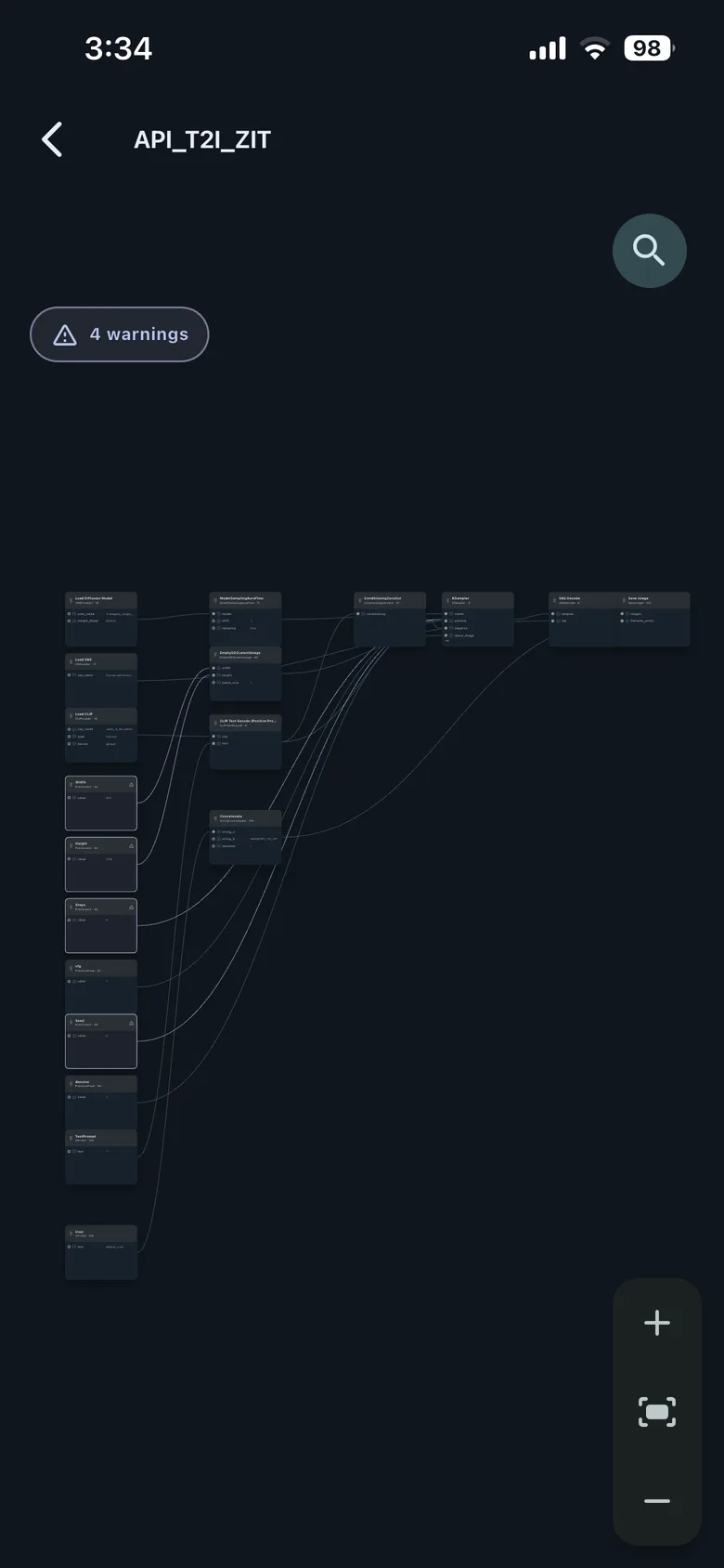 A HandyComfy workflow graph view showing imported nodes, connections, zoom controls, and a warning count