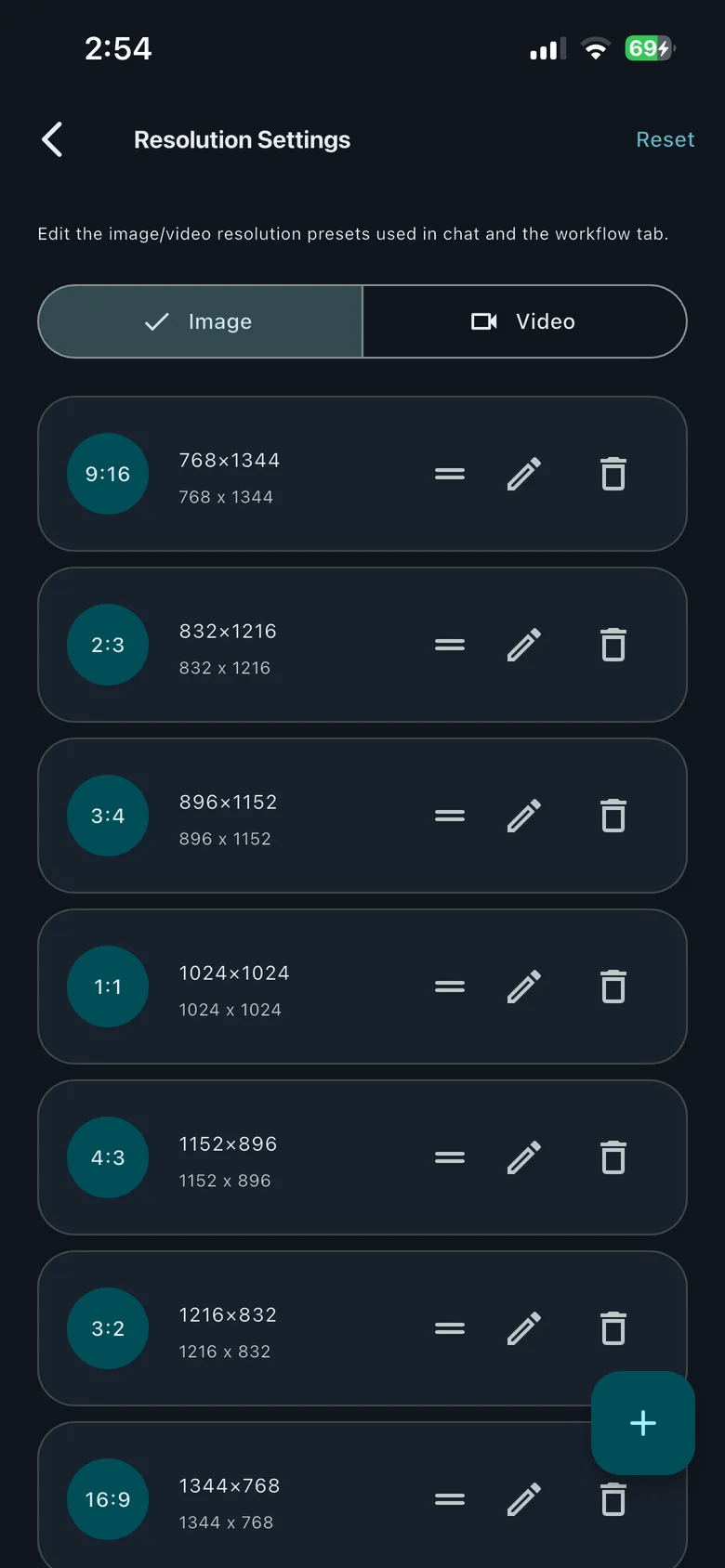 Resolution Settings showing editable image presets, aspect ratios, dimensions, and an add button