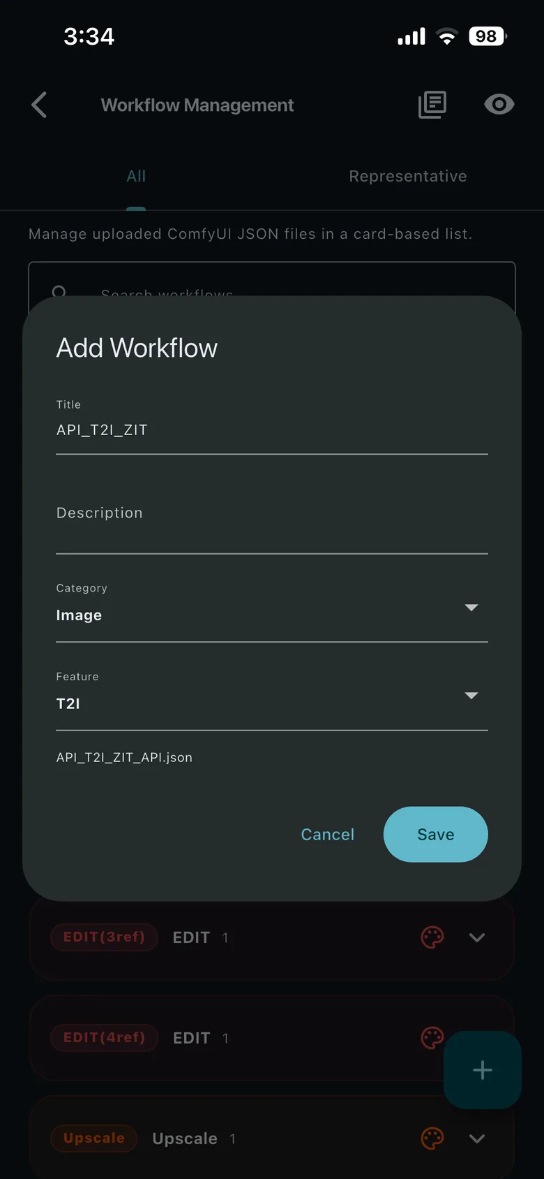 The Add Workflow form containing Title, Description, Category, Feature, filename, and Save controls