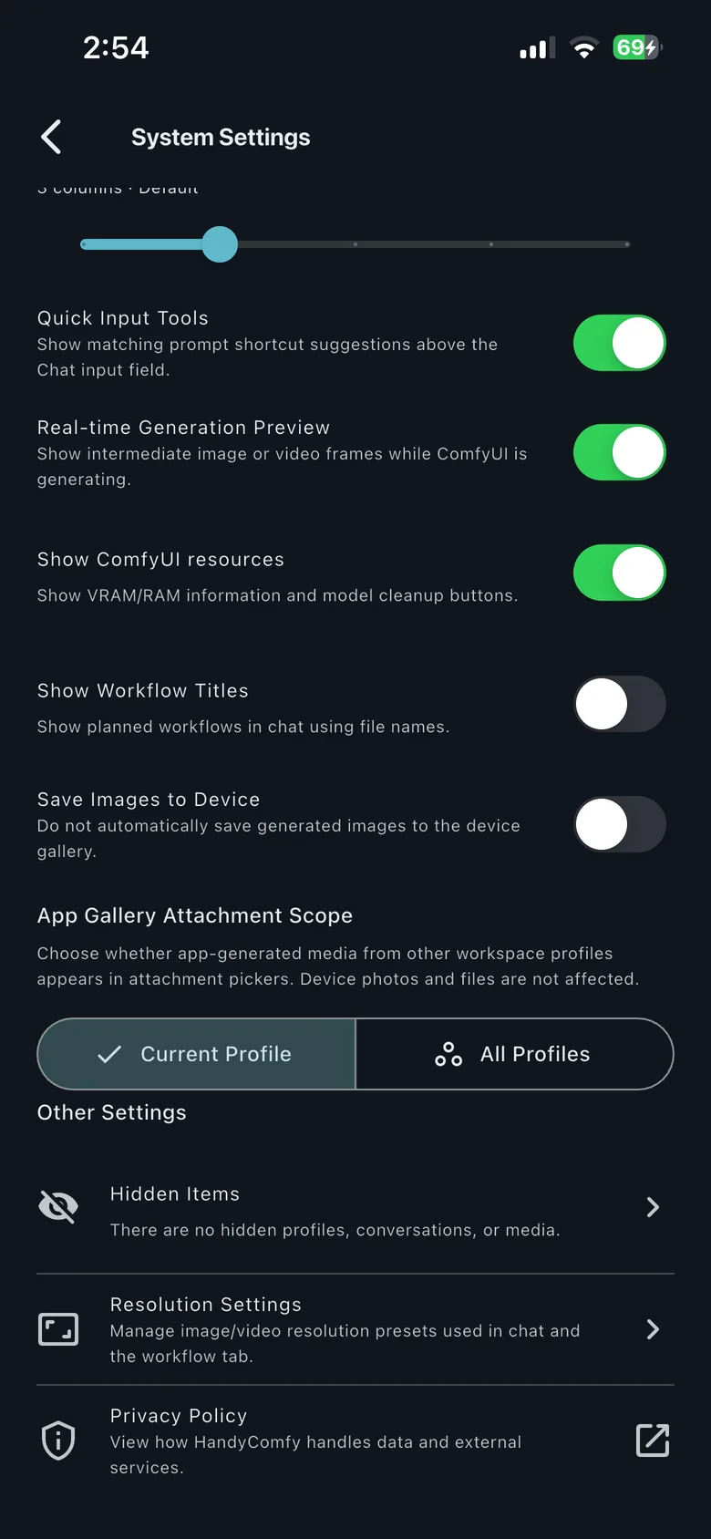 System Settings showing the Resolution Settings entry under Other Settings