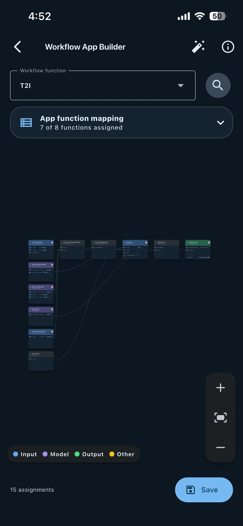 The HandyComfy Workflow App Builder showing a workflow graph, app-function mapping status, and Input, Model, Output, and Other role groups