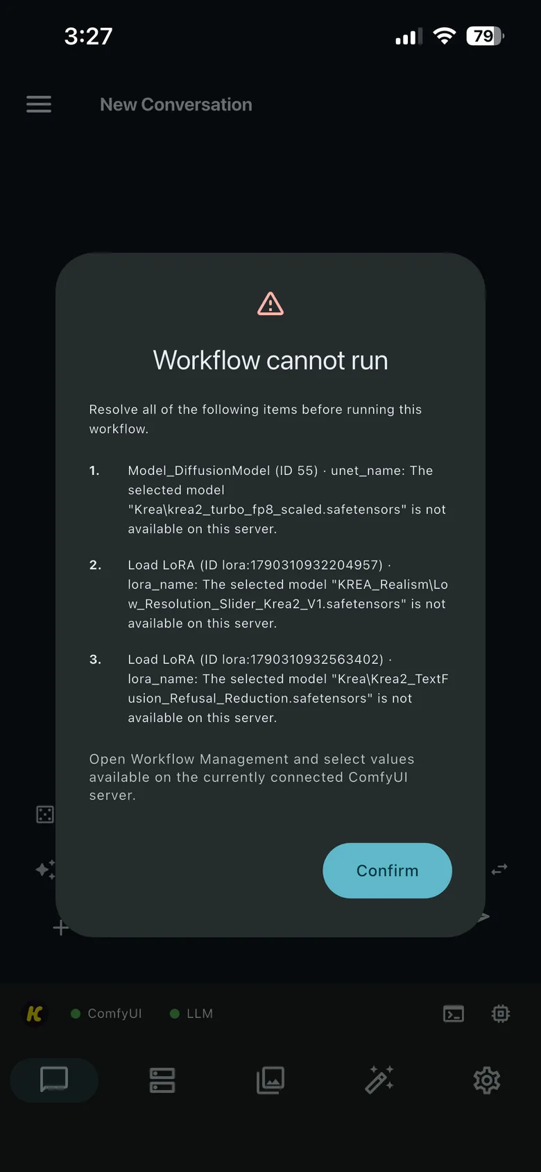 A Workflow cannot run dialog listing one missing diffusion model and two missing LoRA selections on the active server