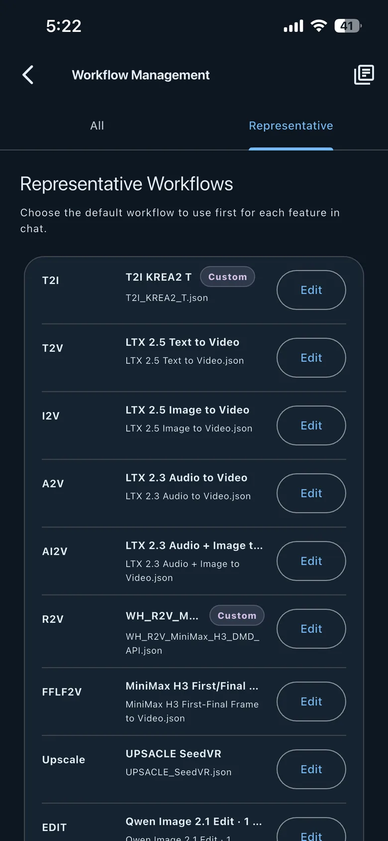 The Representative tab listing the default HandyComfy workflow selected for each feature