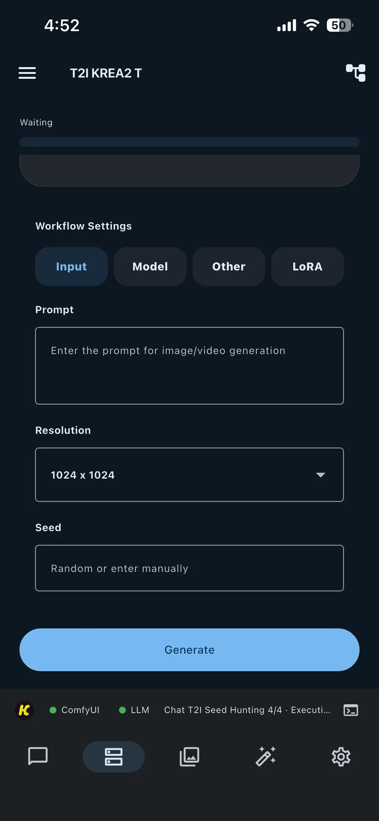 The Workflow Settings Input tab showing Prompt, Resolution, and Seed controls