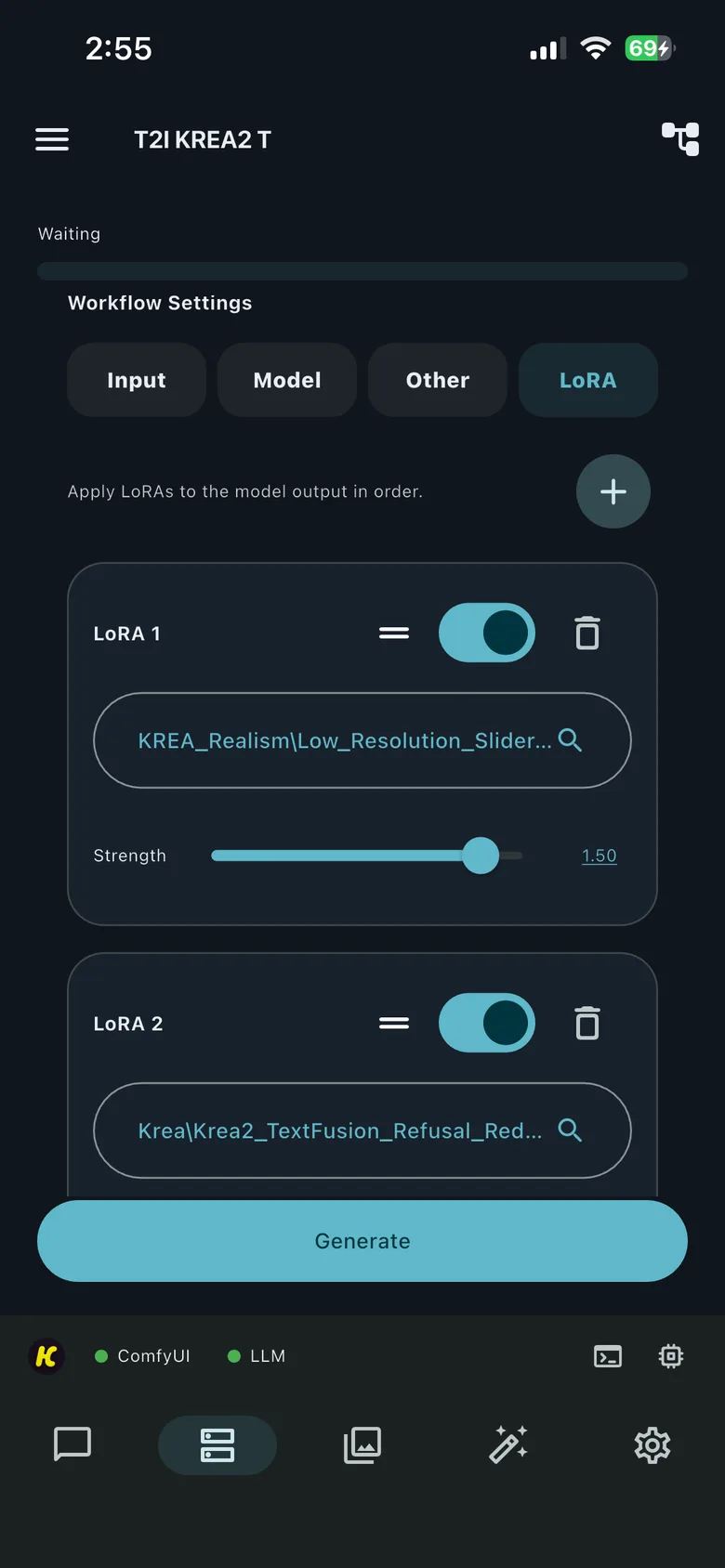 The LoRA tab showing multiple app-level LoRA entries with search, reorder, On and Off, delete, and Strength controls
