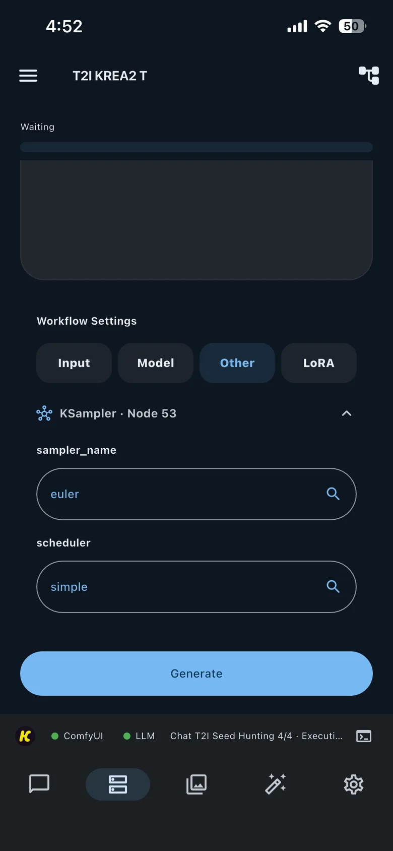 The Other tab showing a KSampler node with editable sampler_name and scheduler values