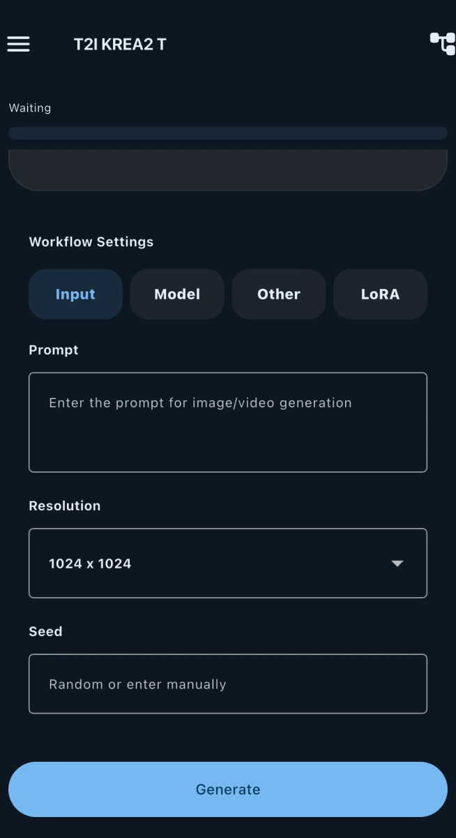 HandyComfy mobile controls for prompt, resolution, seed, and generation