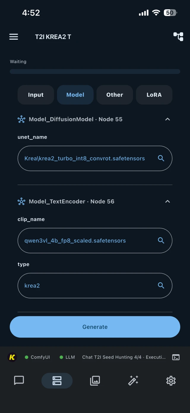 HandyComfy Workflow Mode showing model and text encoder selections